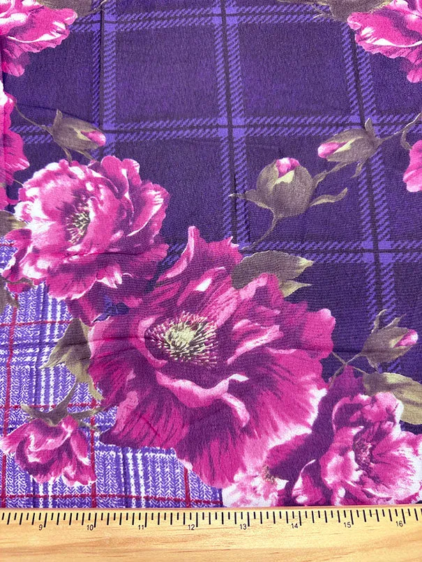 Purple Plaid Floral Print Poly Chiffon Fabric