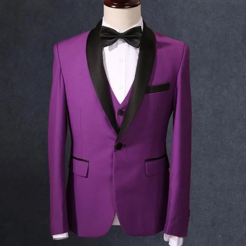 Purple Three Piece Men Shawl Collar Tuxedo Suits