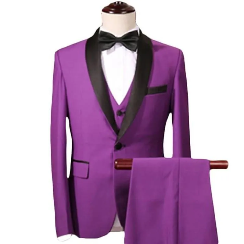 Purple Three Piece Men Shawl Collar Tuxedo Suits