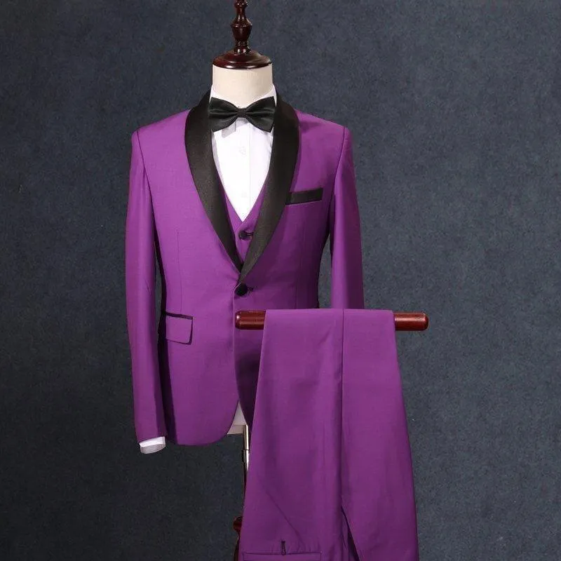 Purple Three Piece Men Shawl Collar Tuxedo Suits