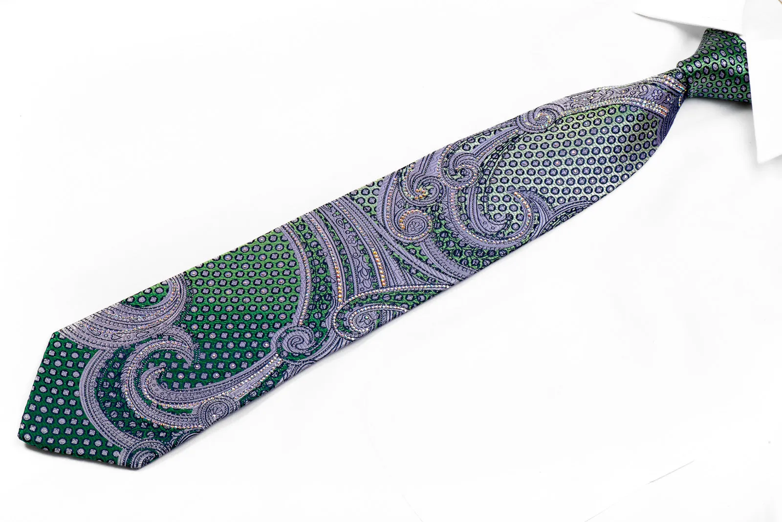 Renoma Crystal Rhinestone Necktie Mauve Paisley On Green Silk With Sparkles