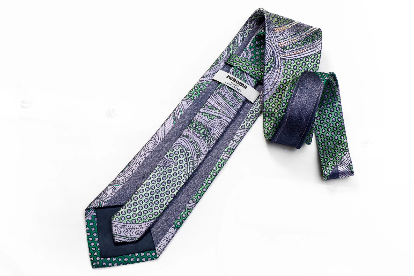 Renoma Crystal Rhinestone Necktie Mauve Paisley On Green Silk With Sparkles