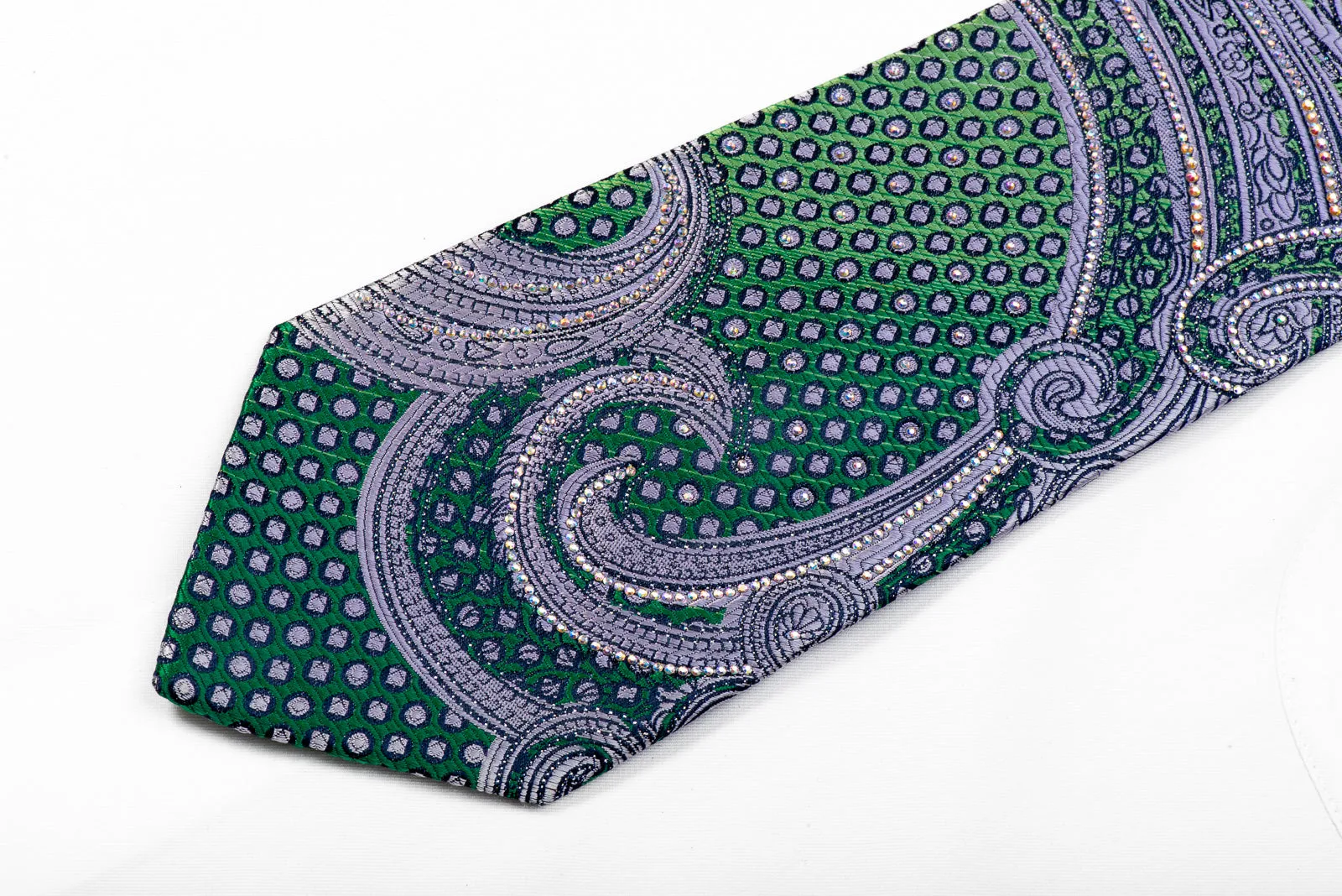 Renoma Crystal Rhinestone Necktie Mauve Paisley On Green Silk With Sparkles