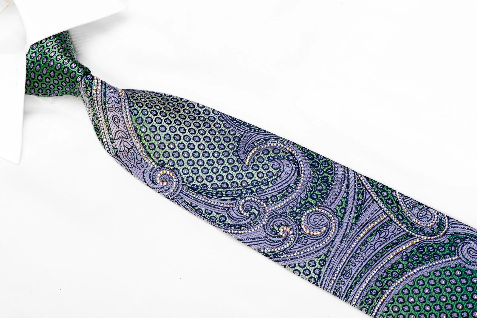 Renoma Crystal Rhinestone Necktie Mauve Paisley On Green Silk With Sparkles