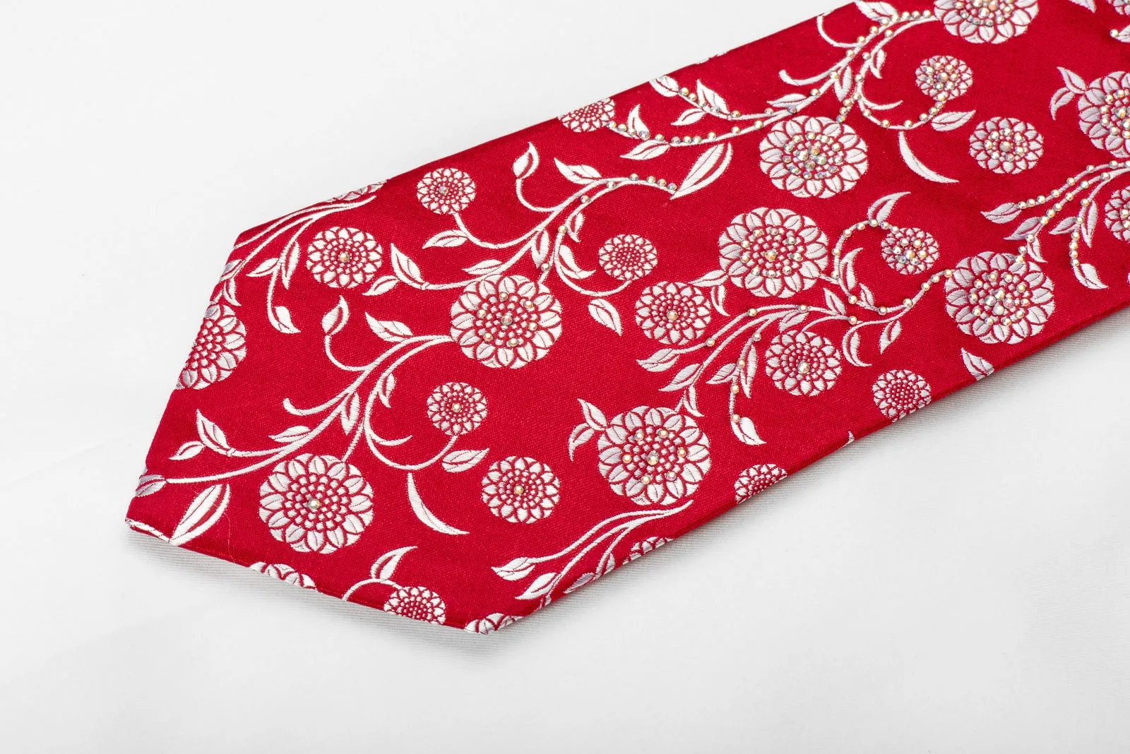 Renoma Men's Crystal Silk Necktie Silver Floral On Red Sparkling With Rhinestones