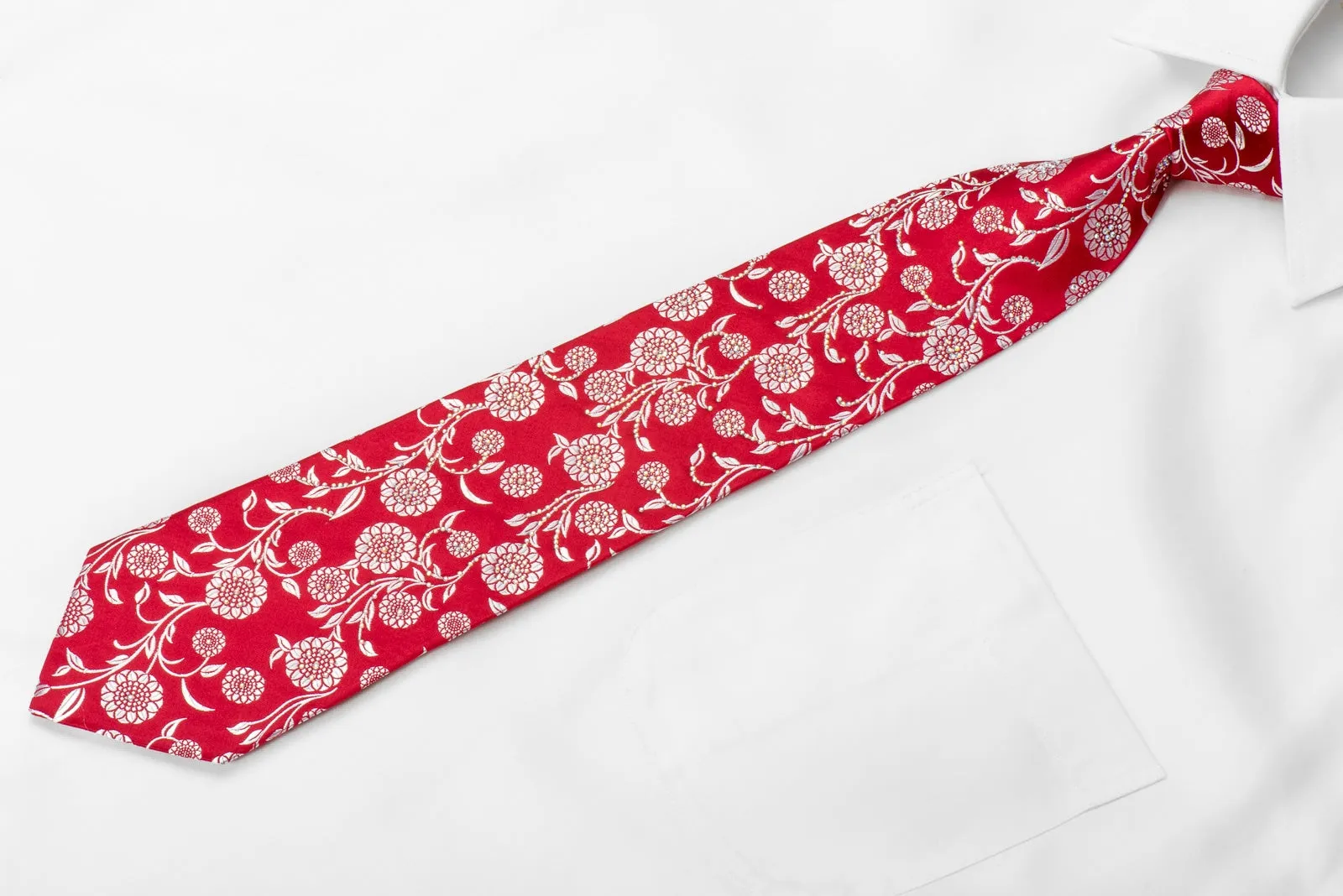 Renoma Men's Crystal Silk Necktie Silver Floral On Red Sparkling With Rhinestones