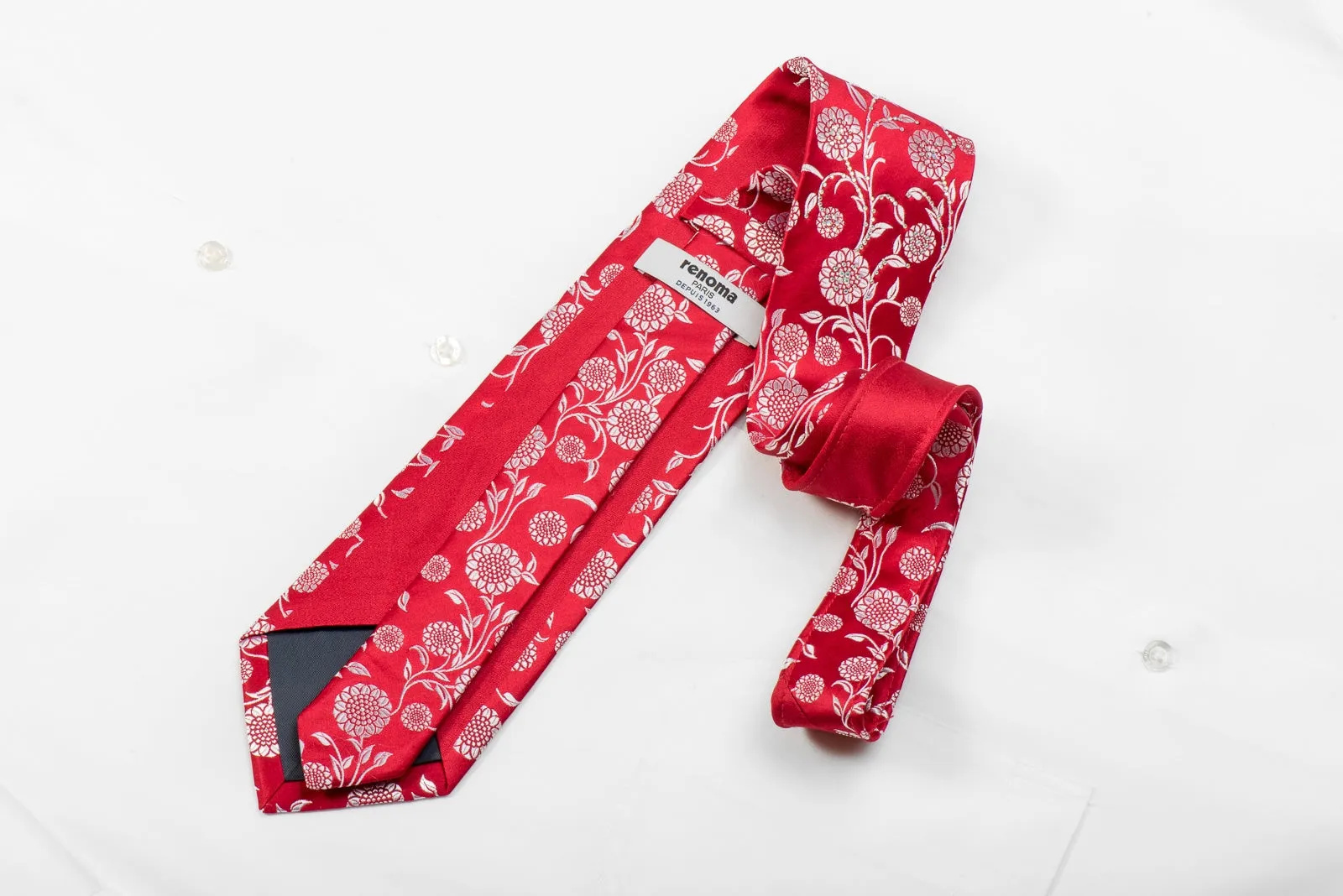 Renoma Men's Crystal Silk Necktie Silver Floral On Red Sparkling With Rhinestones