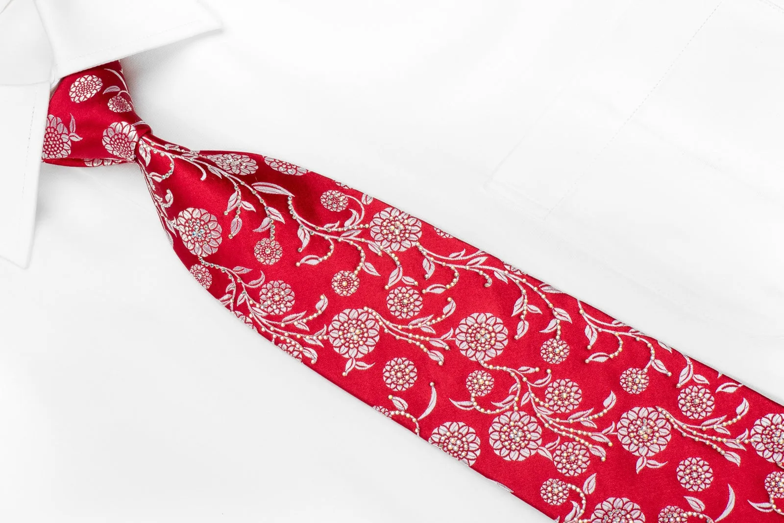 Renoma Men's Crystal Silk Necktie Silver Floral On Red Sparkling With Rhinestones