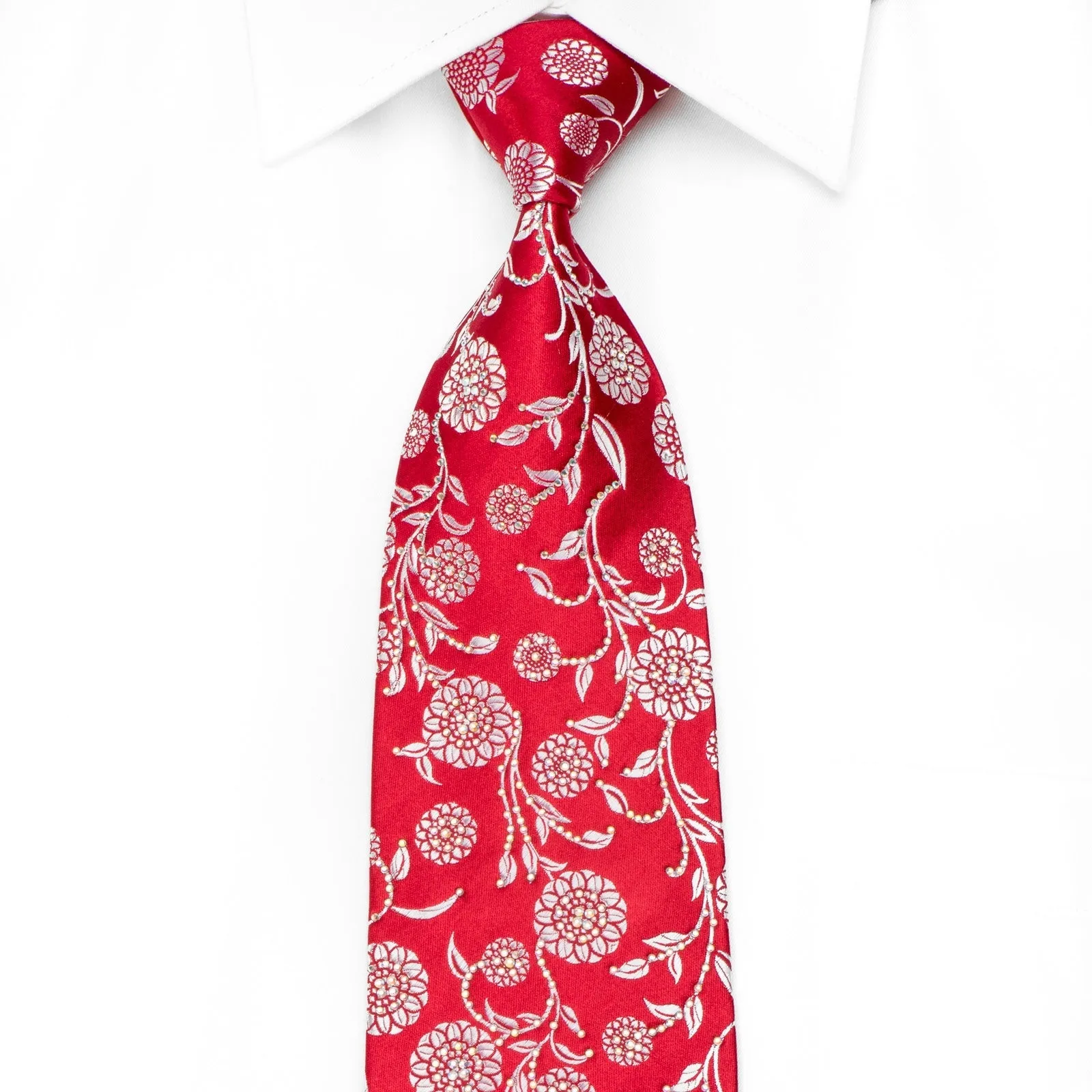 Renoma Men's Crystal Silk Necktie Silver Floral On Red Sparkling With Rhinestones