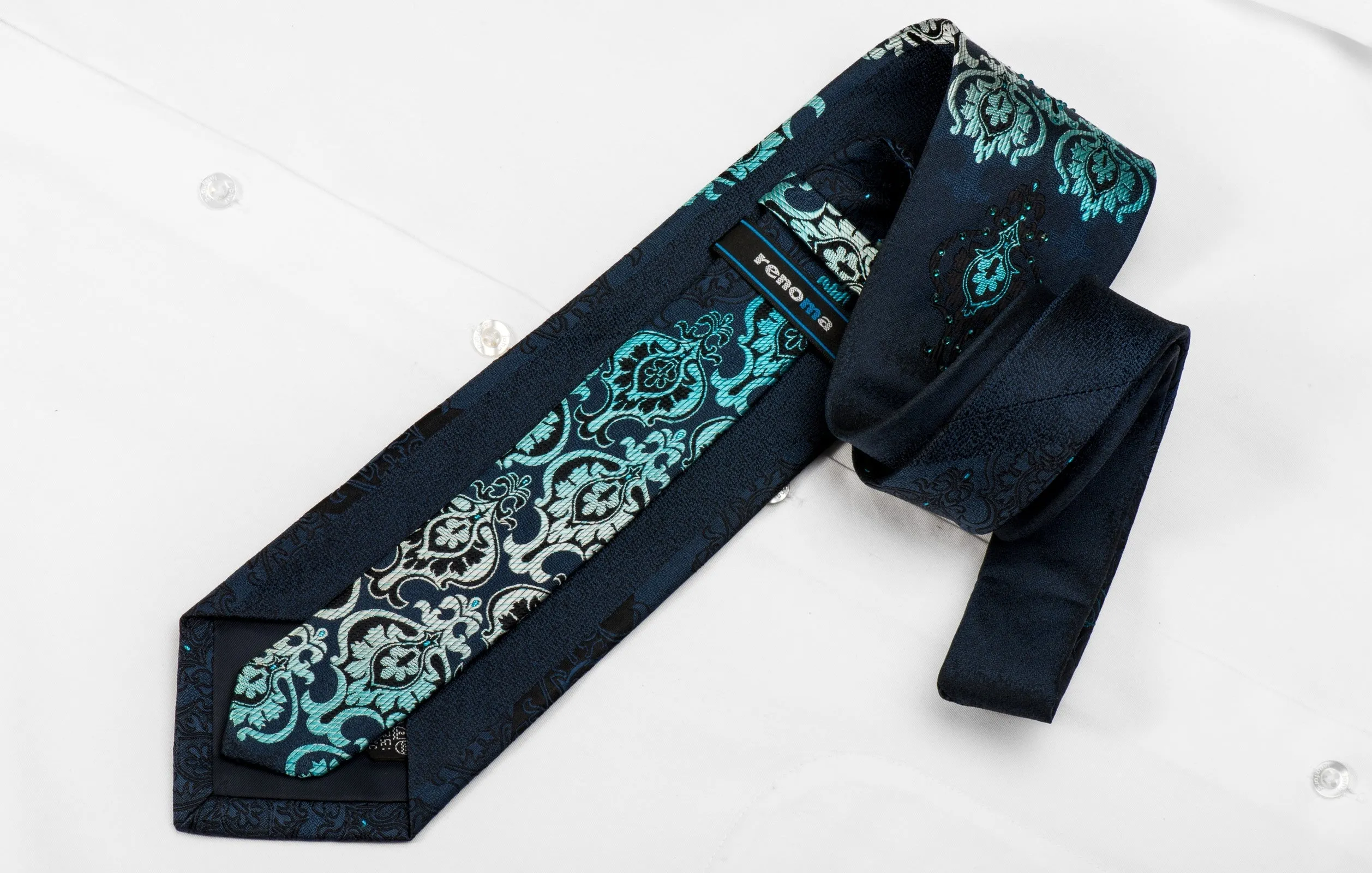 Renoma Men's Crystal Silk Necktie Turquoise Damask On Navy With Sparkles