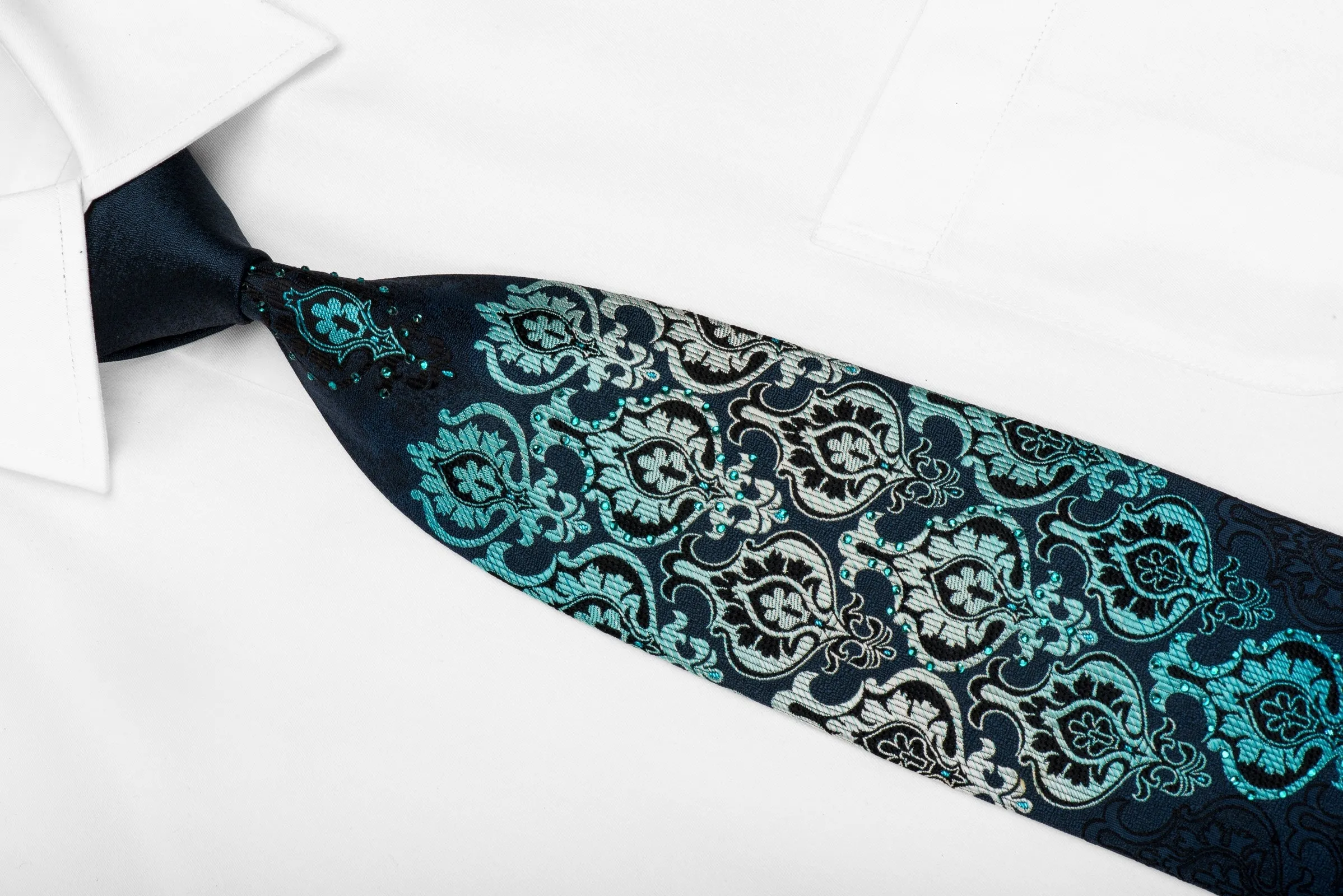 Renoma Men's Crystal Silk Necktie Turquoise Damask On Navy With Sparkles