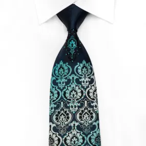 Renoma Men's Crystal Silk Necktie Turquoise Damask On Navy With Sparkles