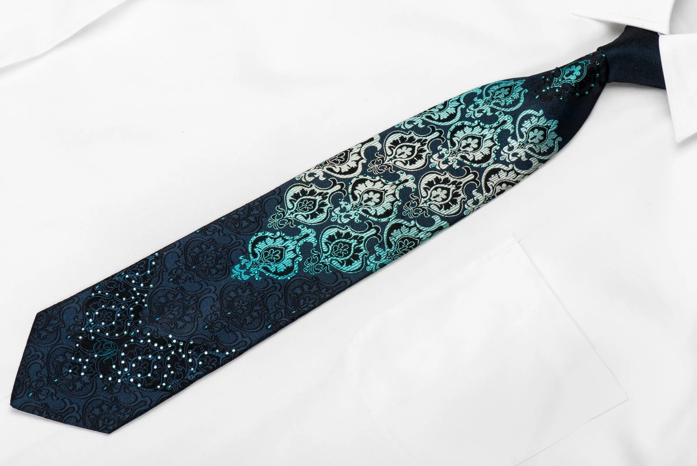 Renoma Men's Crystal Silk Necktie Turquoise Damask On Navy With Sparkles