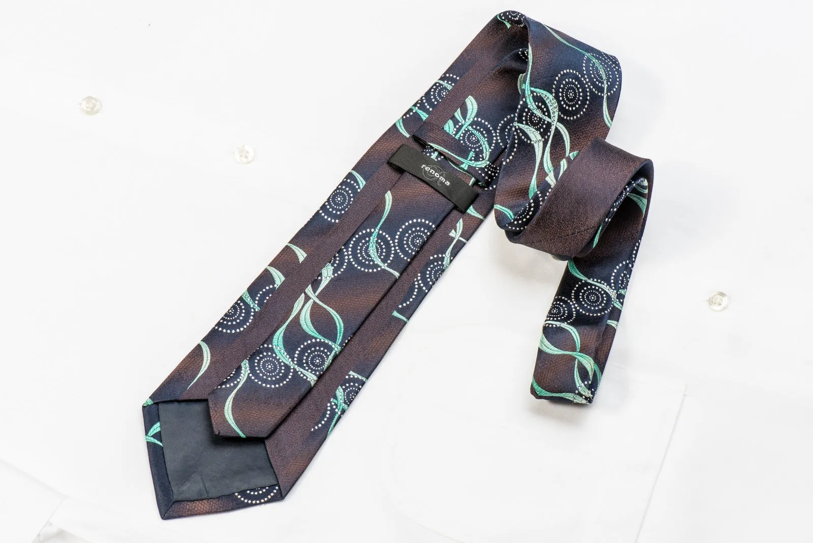 Renoma Men's Crystal Silk Necktie Turquoise Waves On Brown Navy With Silver Sparkles