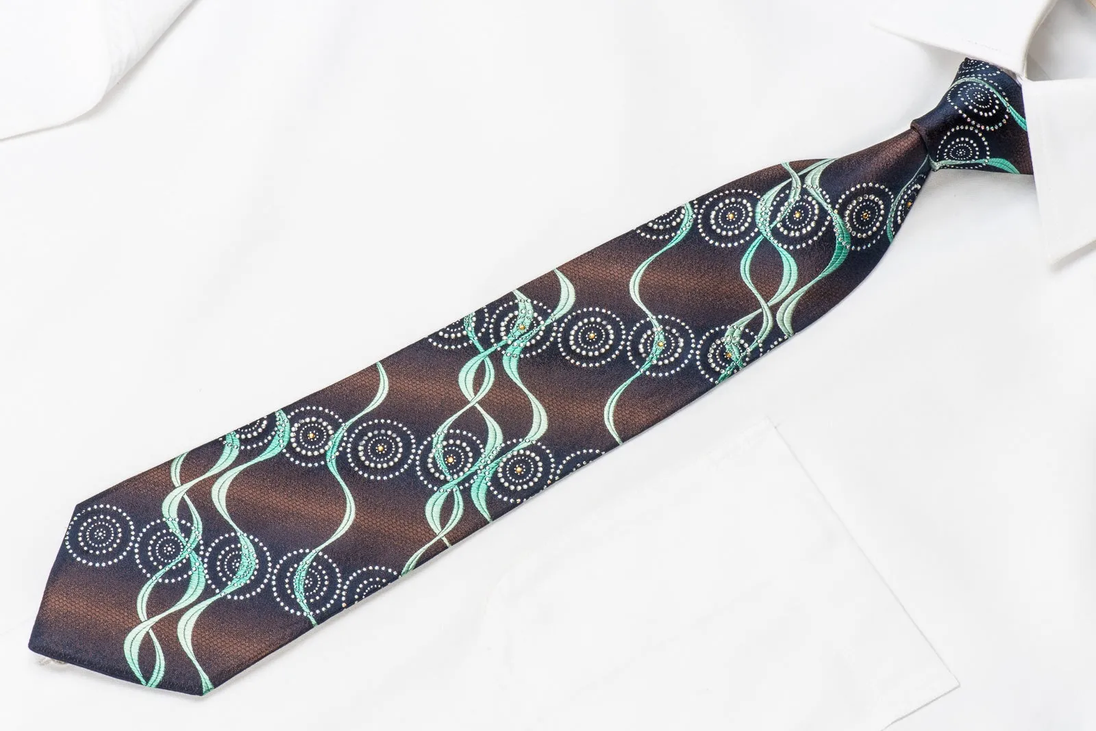 Renoma Men's Crystal Silk Necktie Turquoise Waves On Brown Navy With Silver Sparkles