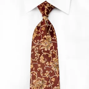 Renoma Men's Crystal Silk Tie Golden Floral On Brown With Sparkles