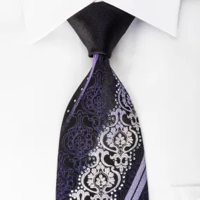 Renoma Rhinestone Silk Necktie Purple Damask On Black With Sparkles