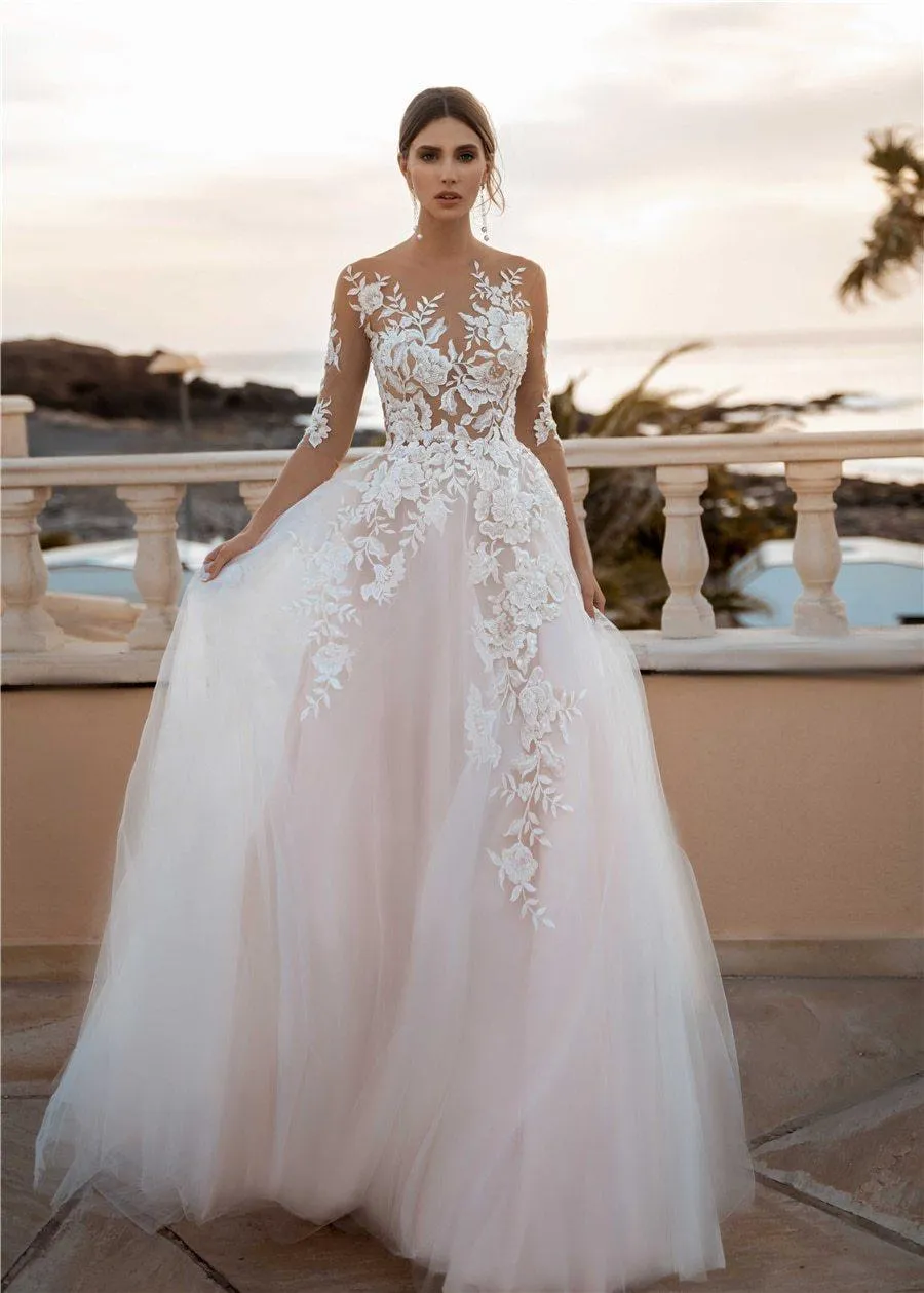 Sheer 3/4 Sleeves Floral Applique Blush Wedding Dress