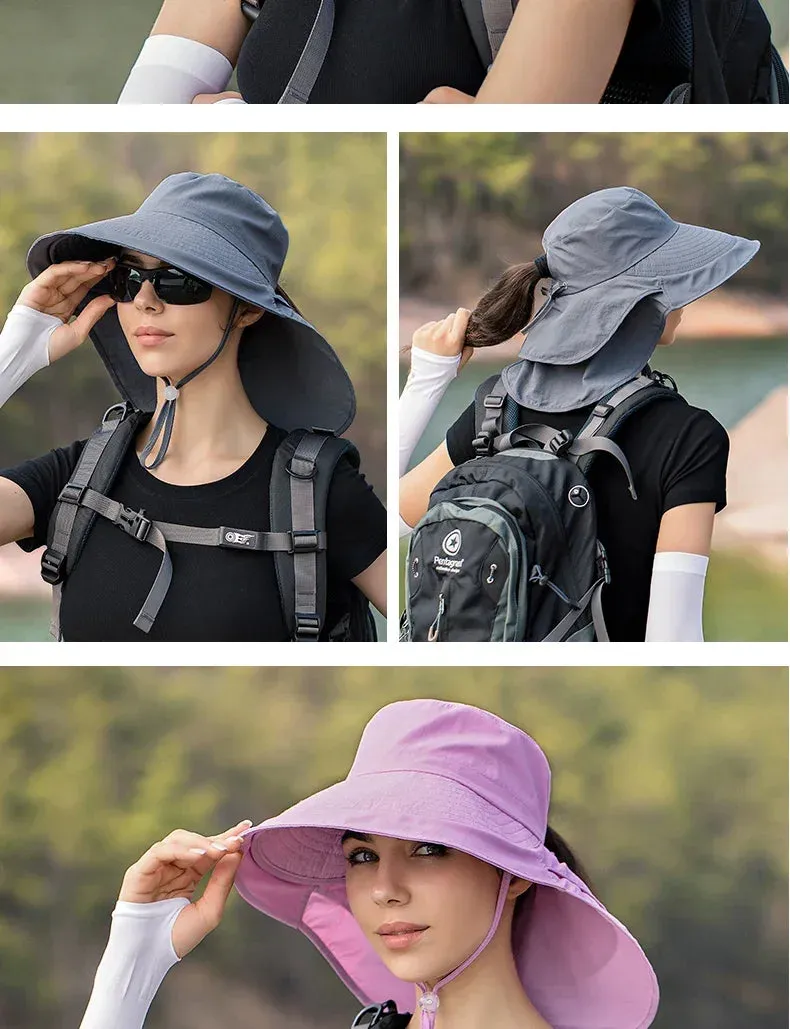 Summer Hats for Women Outdoor UV Anti Neck Protection Sun Visors for Lady Fishing Hiking Wide Brim Shawl Sunscreen Ponytail Cap