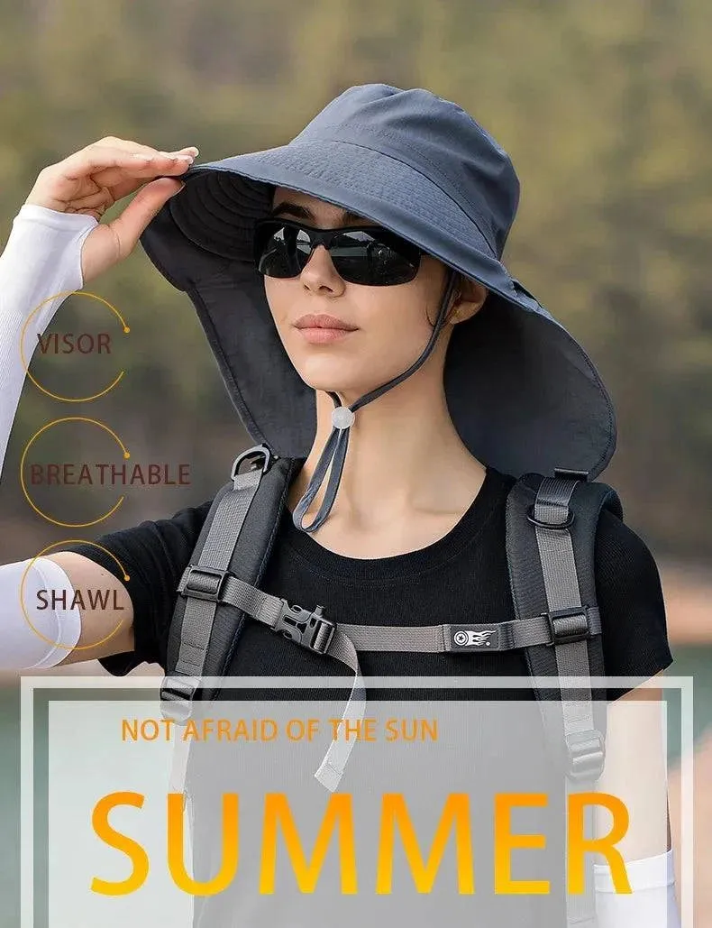 Summer Hats for Women Outdoor UV Anti Neck Protection Sun Visors for Lady Fishing Hiking Wide Brim Shawl Sunscreen Ponytail Cap