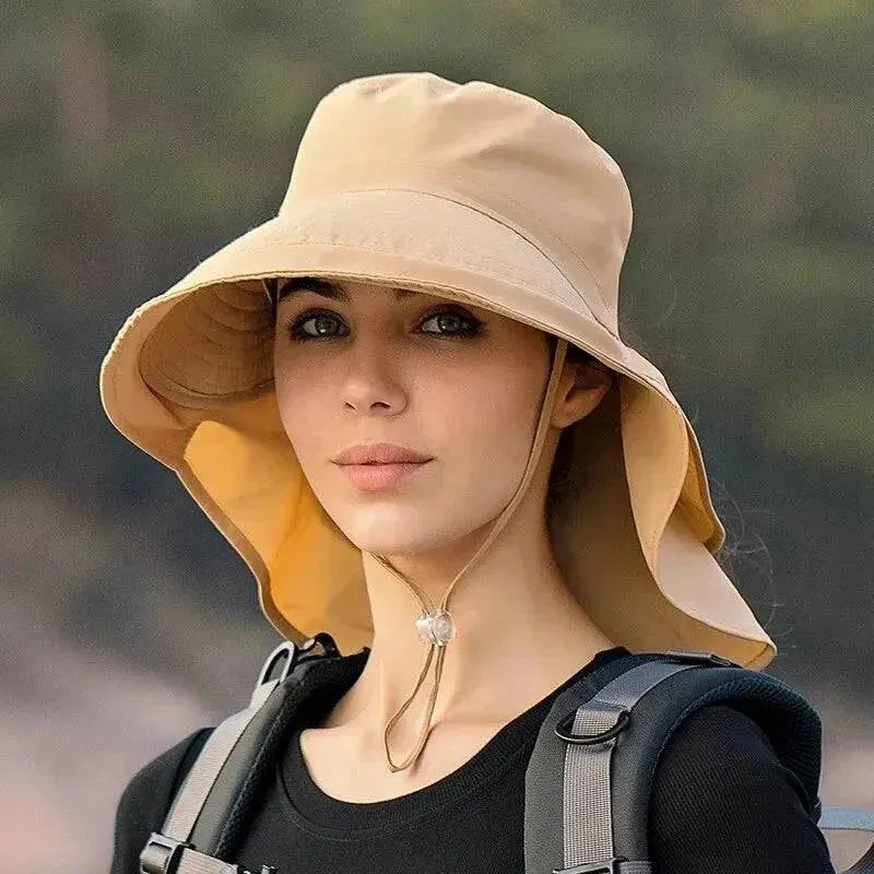 Summer Hats for Women Outdoor UV Anti Neck Protection Sun Visors for Lady Fishing Hiking Wide Brim Shawl Sunscreen Ponytail Cap