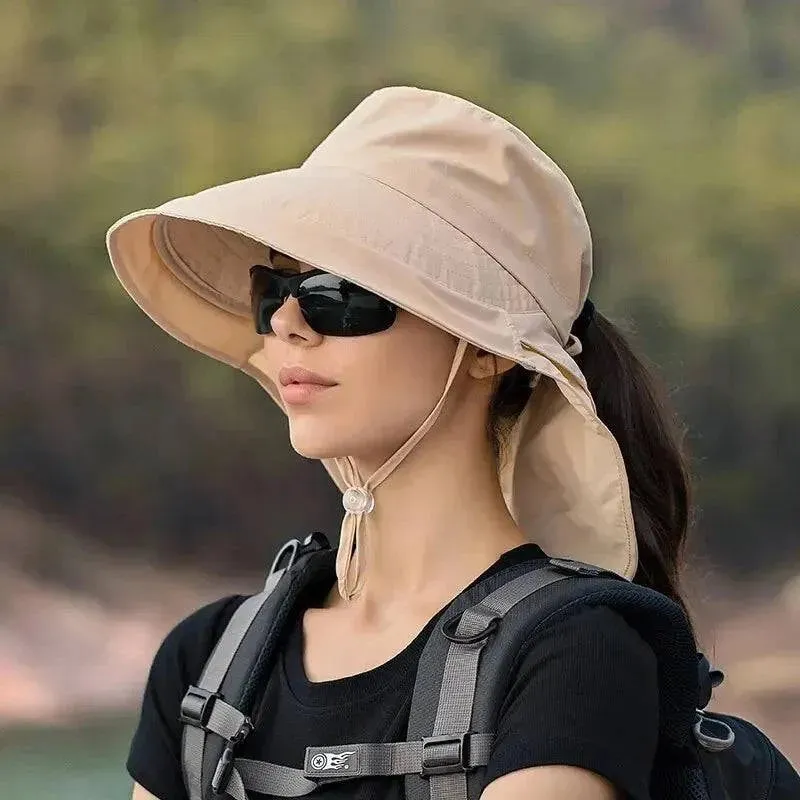 Summer Hats for Women Outdoor UV Anti Neck Protection Sun Visors for Lady Fishing Hiking Wide Brim Shawl Sunscreen Ponytail Cap