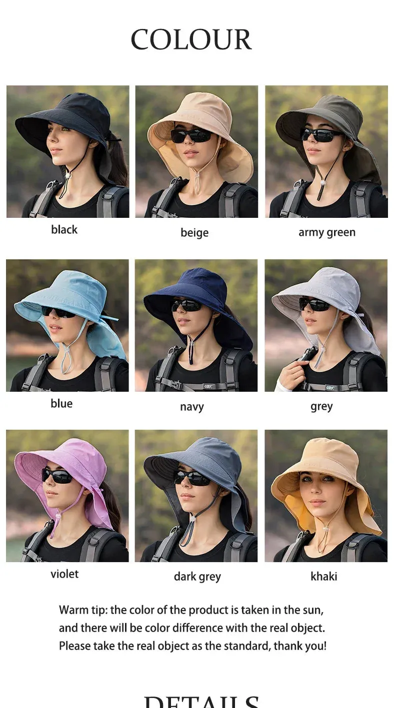 Summer Hats for Women Outdoor UV Anti Neck Protection Sun Visors for Lady Fishing Hiking Wide Brim Shawl Sunscreen Ponytail Cap