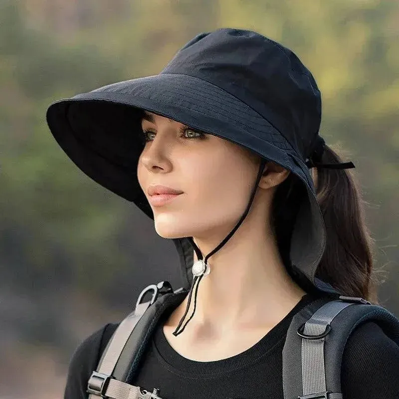 Summer Hats for Women Outdoor UV Anti Neck Protection Sun Visors for Lady Fishing Hiking Wide Brim Shawl Sunscreen Ponytail Cap