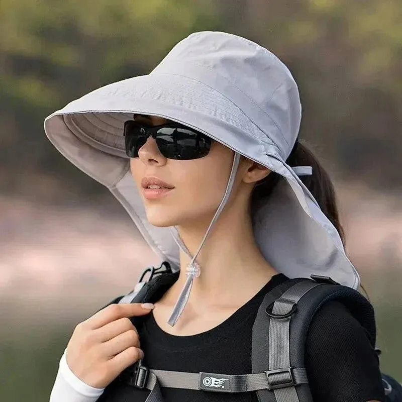 Summer Hats for Women Outdoor UV Anti Neck Protection Sun Visors for Lady Fishing Hiking Wide Brim Shawl Sunscreen Ponytail Cap