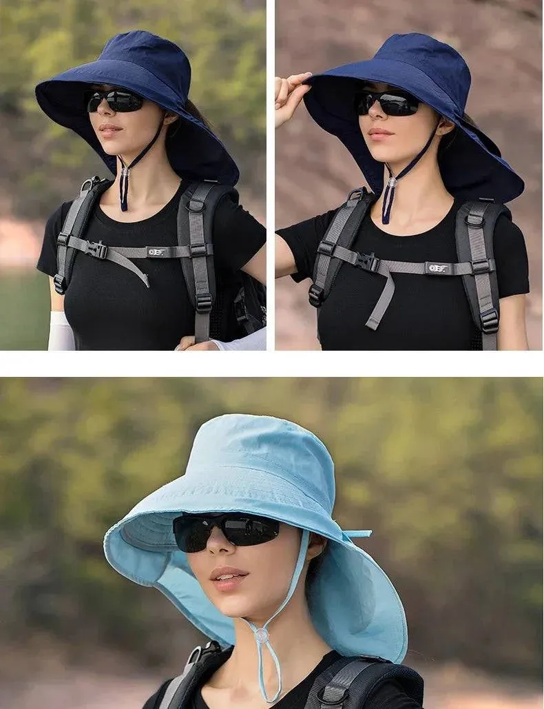 Summer Hats for Women Outdoor UV Anti Neck Protection Sun Visors for Lady Fishing Hiking Wide Brim Shawl Sunscreen Ponytail Cap