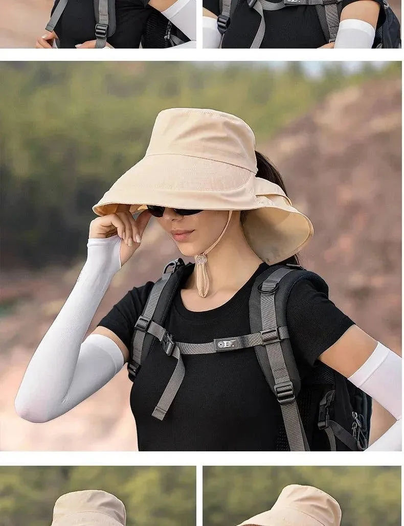 Summer Hats for Women Outdoor UV Anti Neck Protection Sun Visors for Lady Fishing Hiking Wide Brim Shawl Sunscreen Ponytail Cap