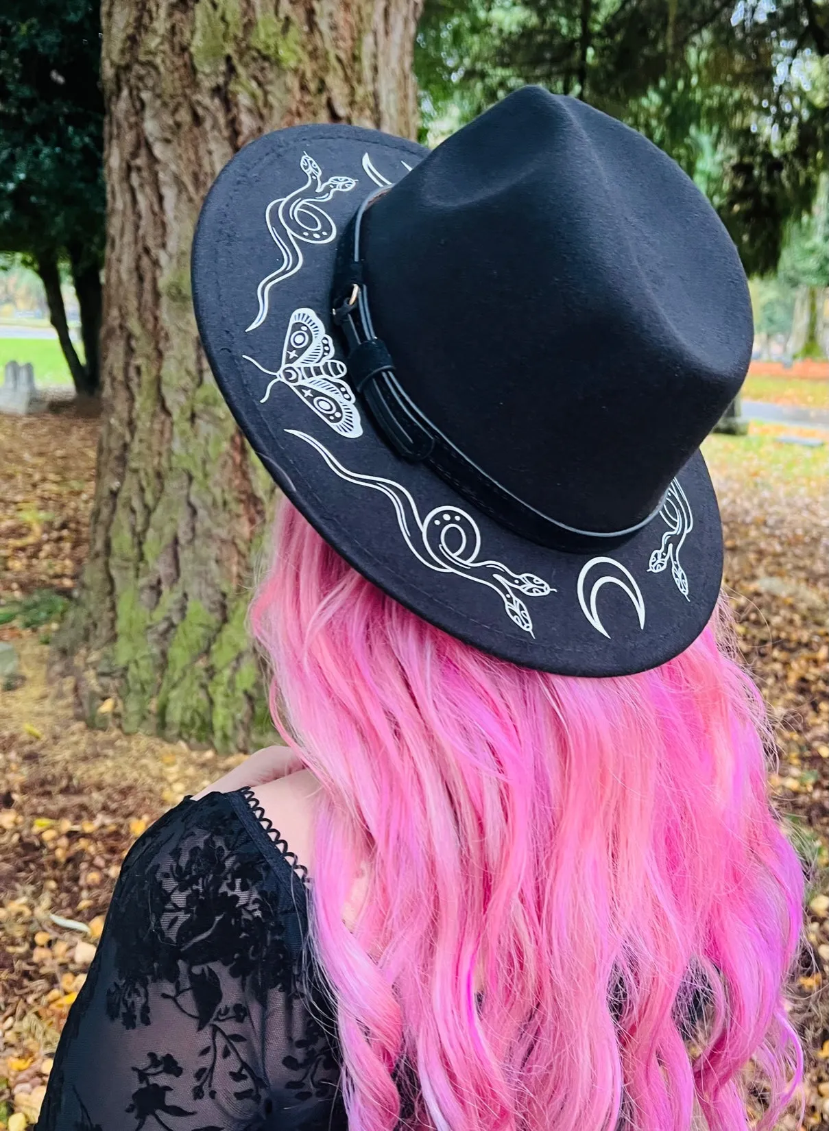 Vegan Felt Wide Brim Hat - "Snake Moon"