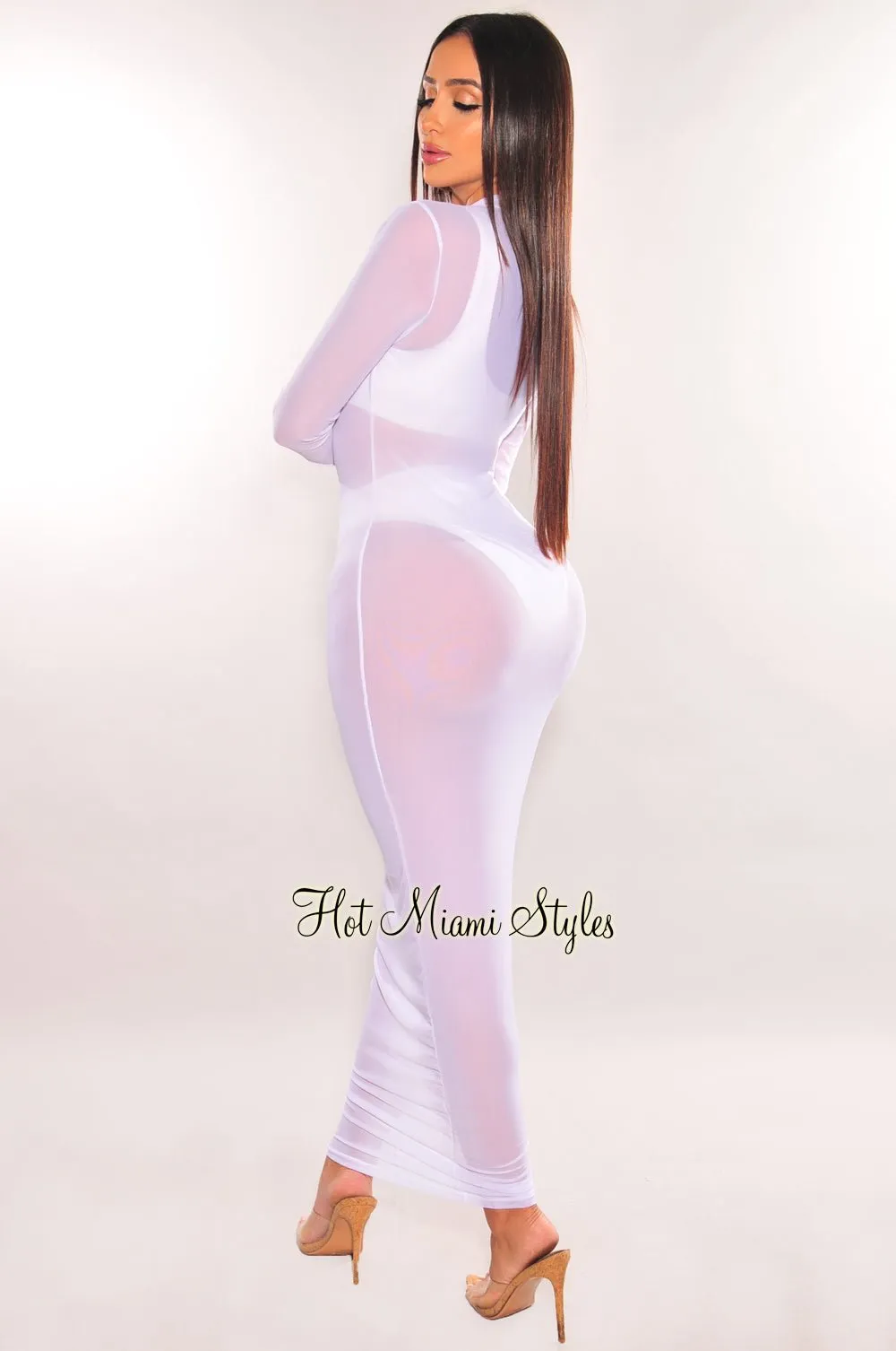 White Sheer Mesh Long Sleeve Cover Up Dress